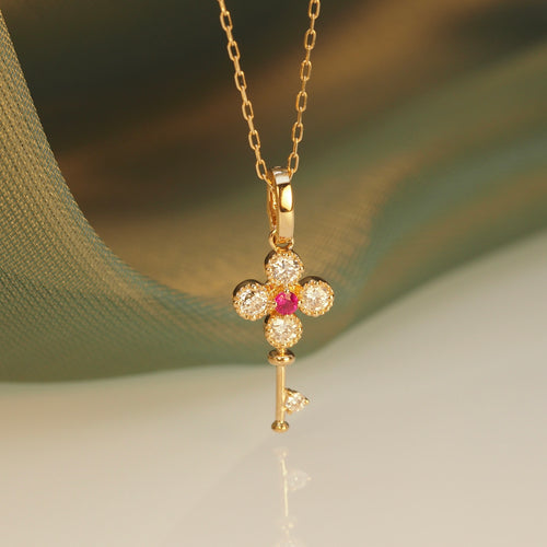 Ruby Diamond Clover Key Necklace (removable clip)