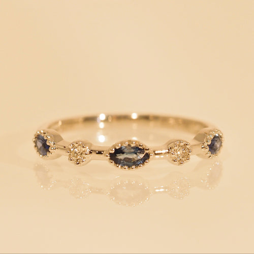 Blue Sapphire Marquise and Diamond Millet Ring