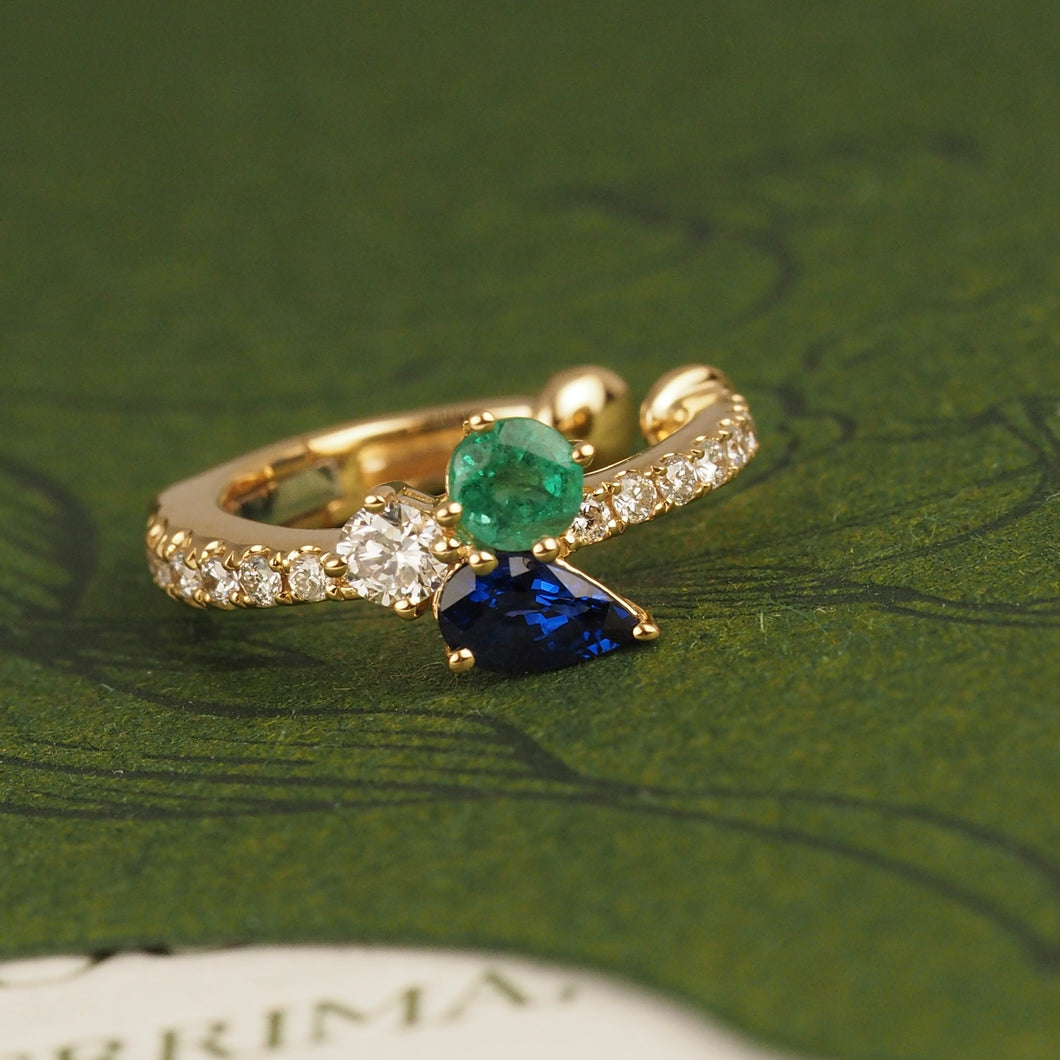 Blue Sapphire Pear and Emerald Round Diamond Band Ear Cuff