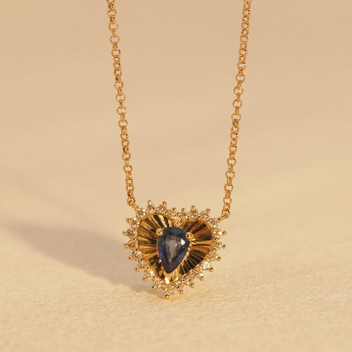 Blue Sapphire Pear Dawnlight Heart Necklace
