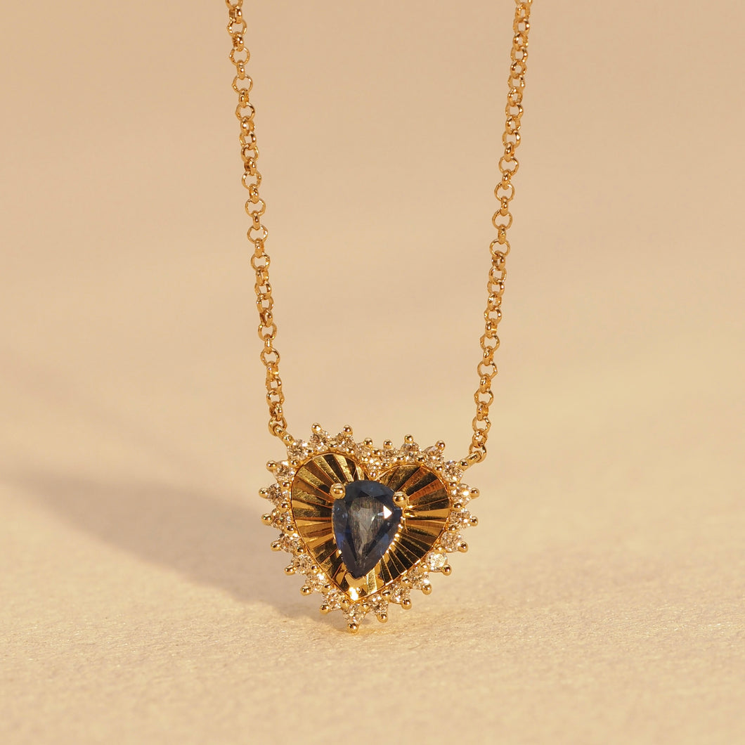 Blue Sapphire Pear Dawnlight Heart Necklace