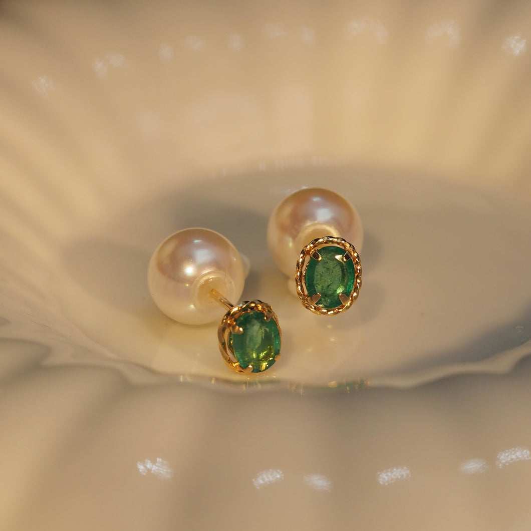 Akoya Pearl with Emeral Oval Earrings (Two-ways)