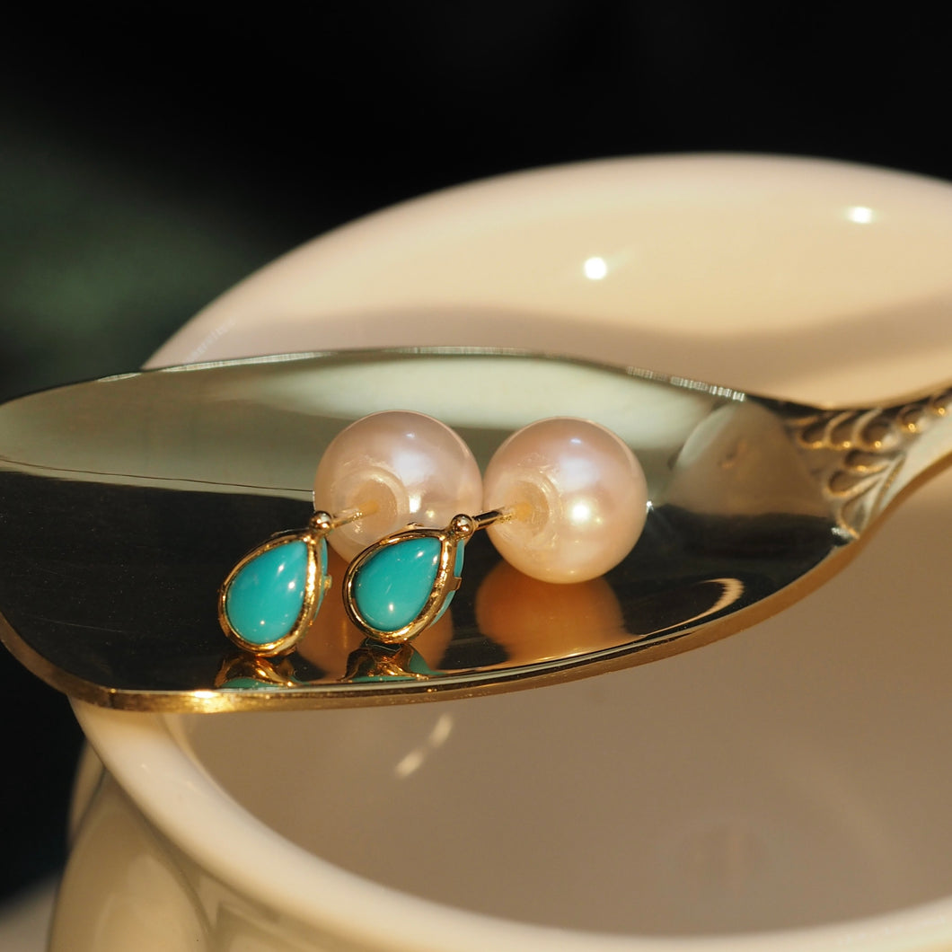 Akoya Pearl with Turquoise Pear Earrings (Two-ways)