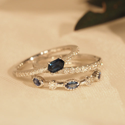 Blue Sapphire Hexagonal Diamond Band Ring